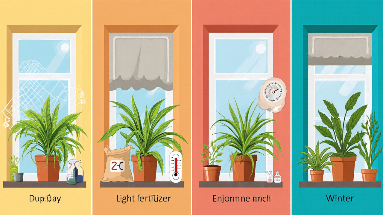 Четыре сезонные сцены ухода за растениями: весна, лето, осень, зина.