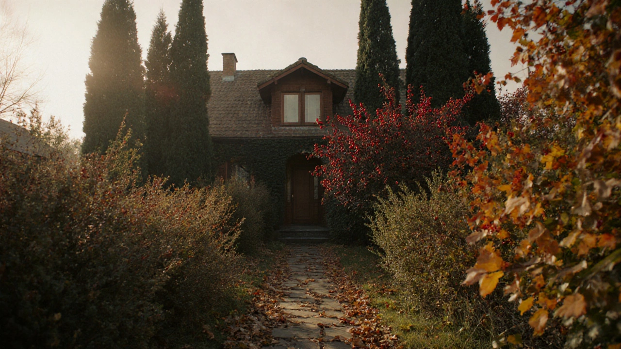 Дом в осеннем саду, окружённый живой изгородью из разных кустарников.