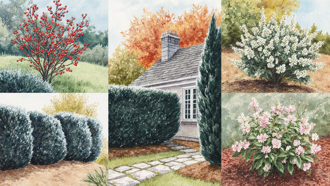 Коллаж из шести кустарников в их типичных условиях вокруг коттеджа.