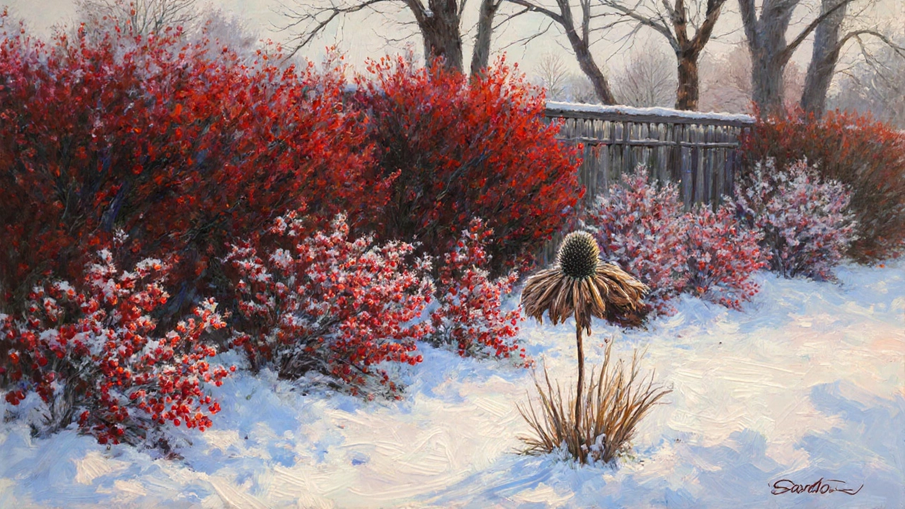 Красные кусты барбариса и калины зимой, снег, выносливые цветы.