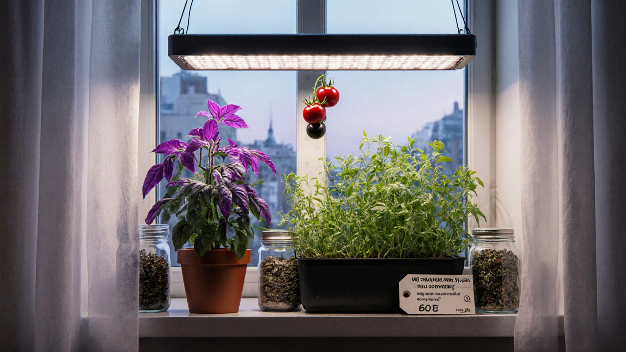 На подоконнике растут фиолетовый базилик, микс-салат и чёрные черри-помидоры под лампами.
