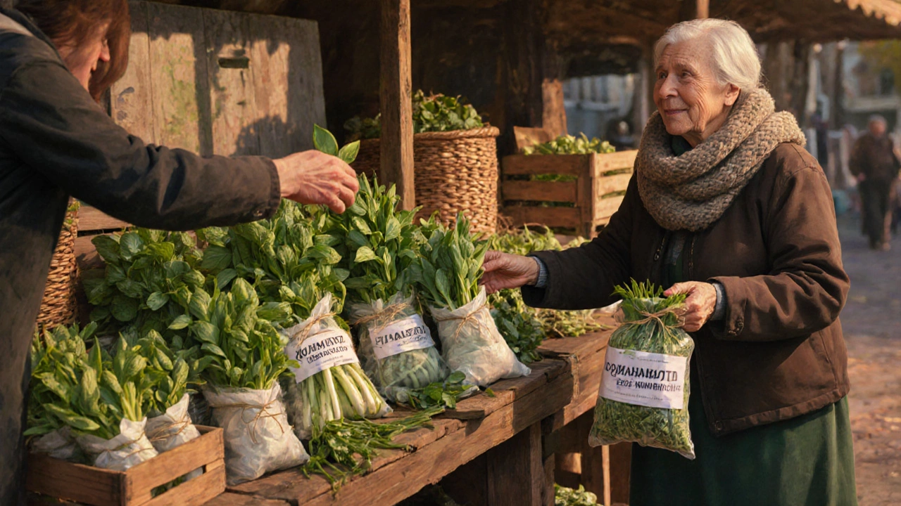 На рынке продают свежую домашнюю зелень в бумажных пакетах и связках.