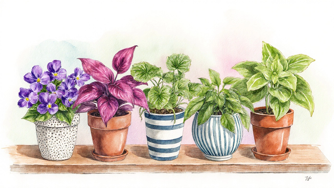 Пять декоративных кустарников в разных горшках, изображённые акварелью, с указанием условий освещённости.