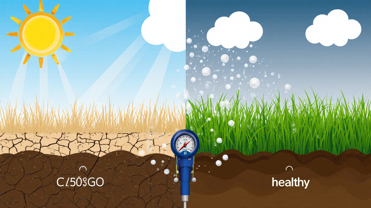 Разделённый вид: сухой жаркий газон с Кент‑травой и влажный прохладный газон с Фэйрвей, показывающие факторы полива.