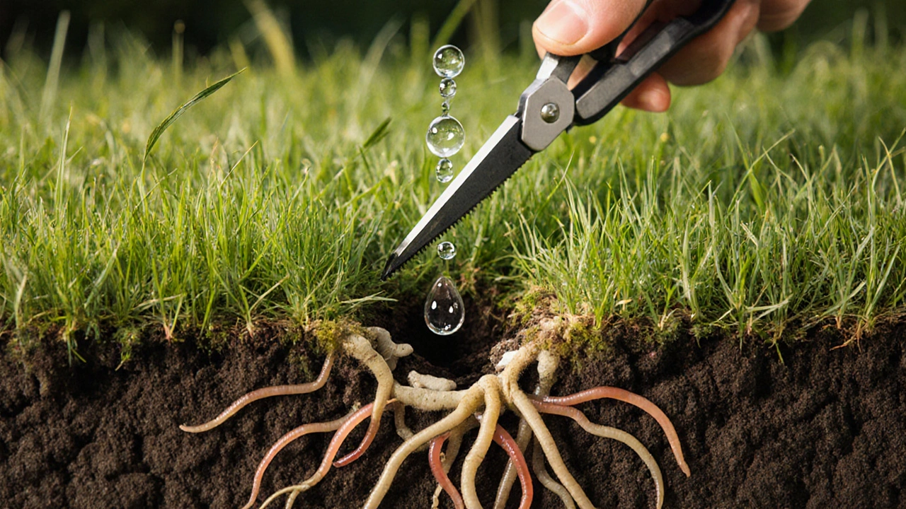 Разрез газона, показывающий корни, червей и грибки в почве, с аккуратно подстриженной травой сверху.