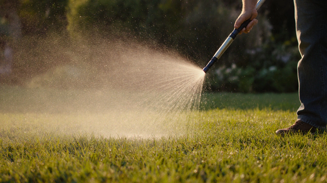 Садовник поливает новооскошенный газон мягким распылителем в ранние утренние часы.