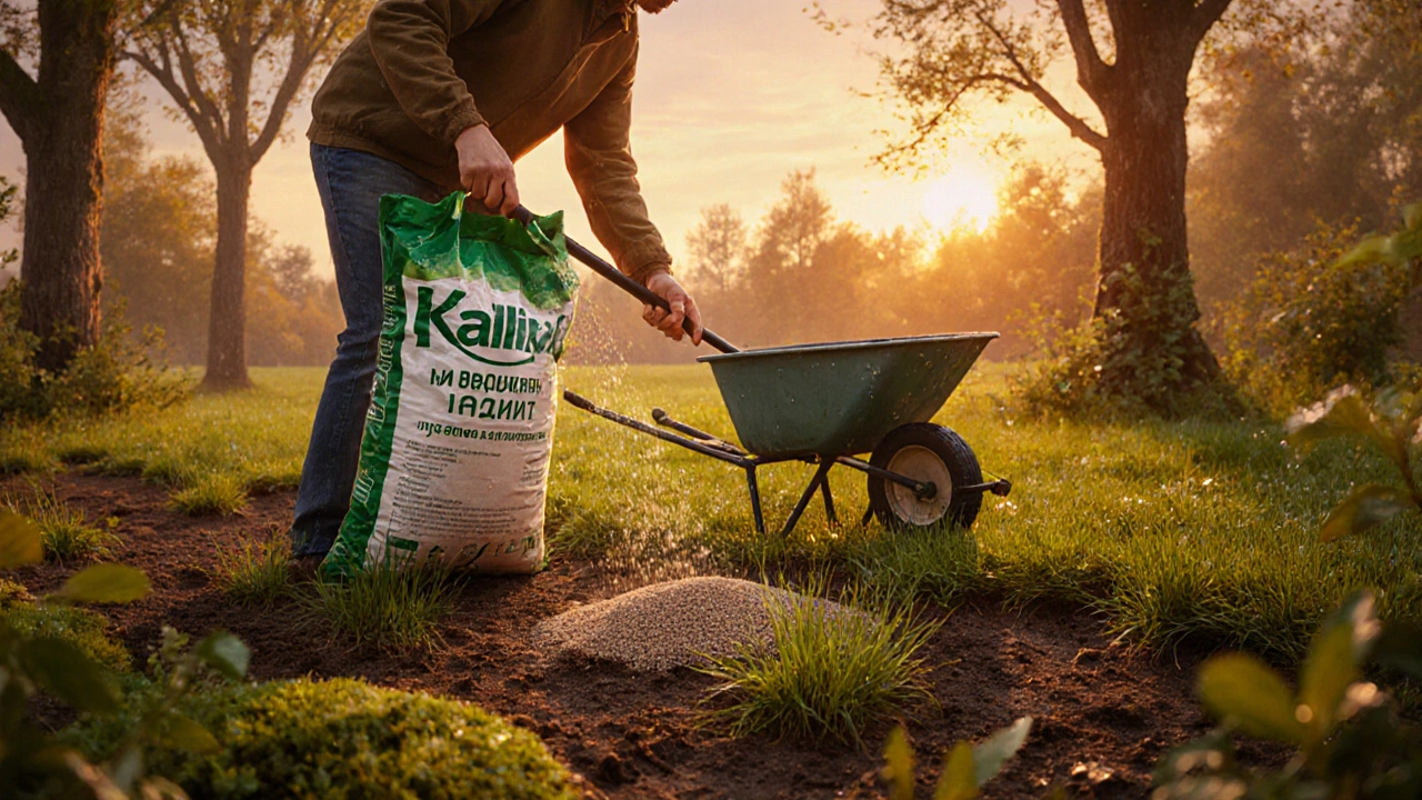 Садовник равномерно рассыпает удобрение на газоне в осеннем свете, на заднем плане — новые побеги травы.