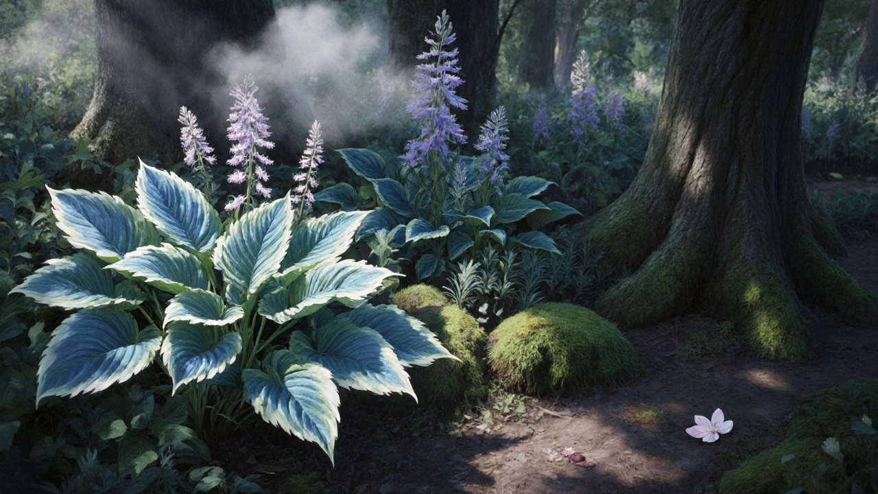 Теневая клумба с хостами и астильбой, влажная земля, мягкий свет.