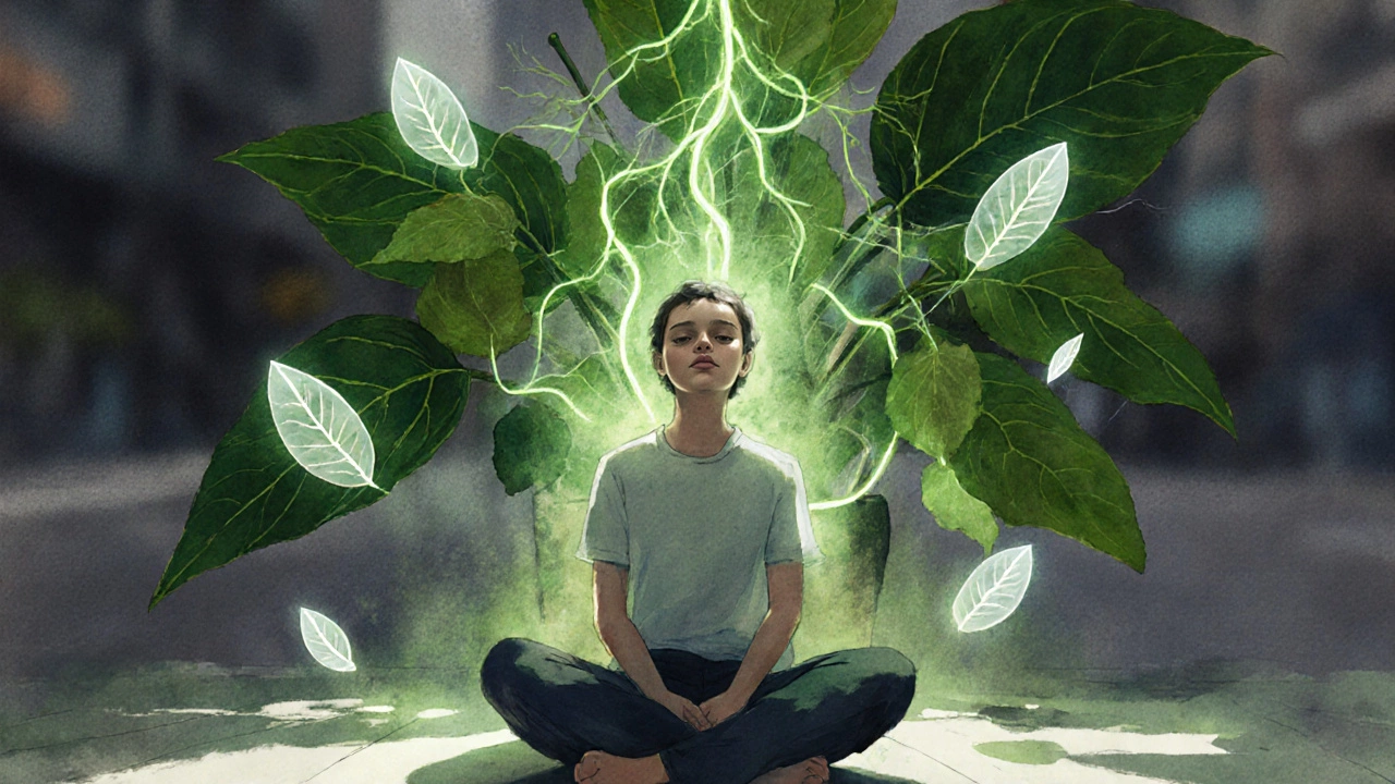 Человек в медитации рядом с фикусом, вокруг него светящиеся листья и нейронные пути.