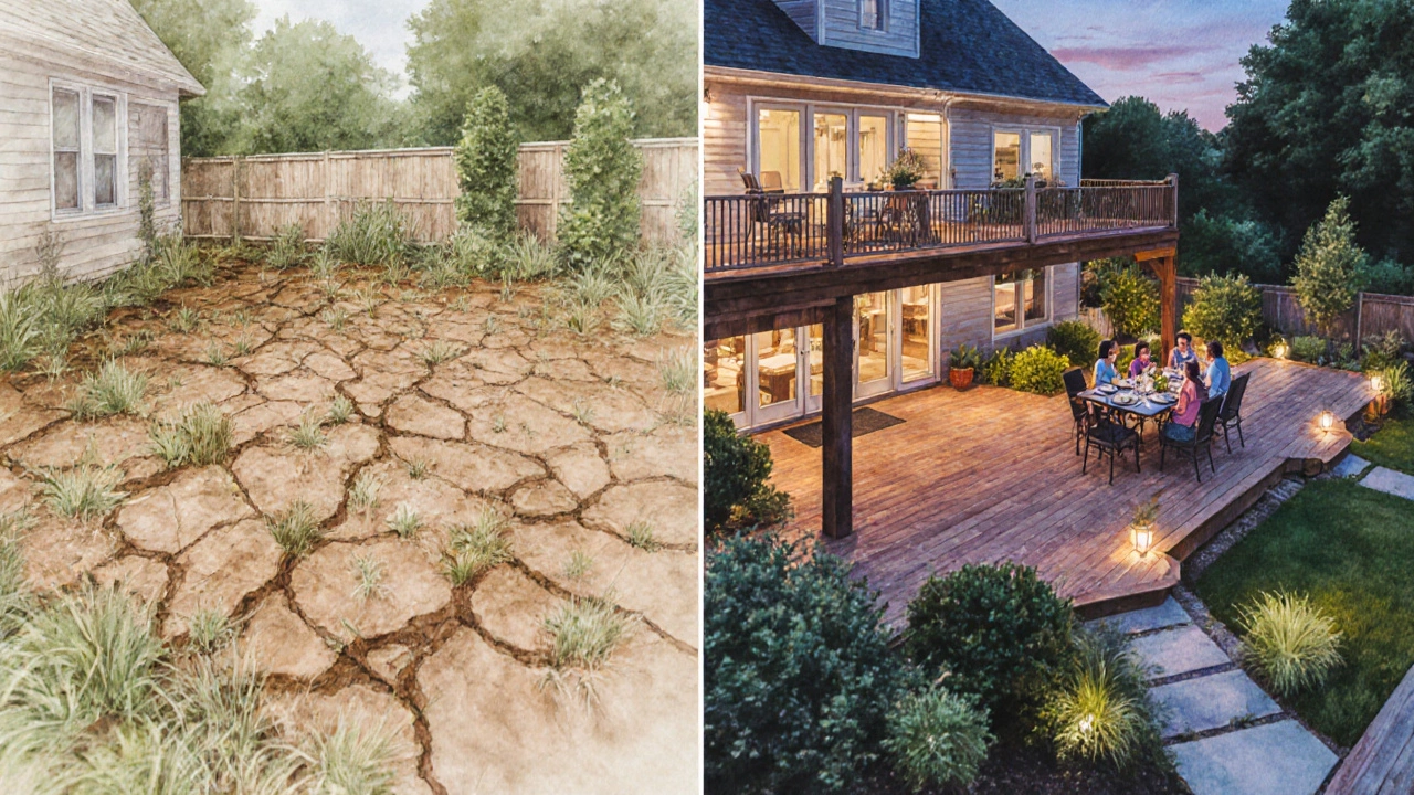 До и после: пустырь превращается в уютный сад с террасой, освещением и растениями.