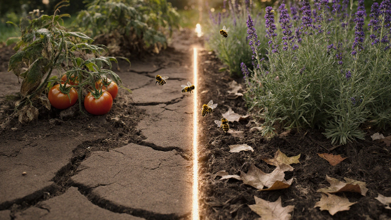 До и после восстановления почвы: слева — треснувшая земля, справа — живая грядка с кустами и мульчей.