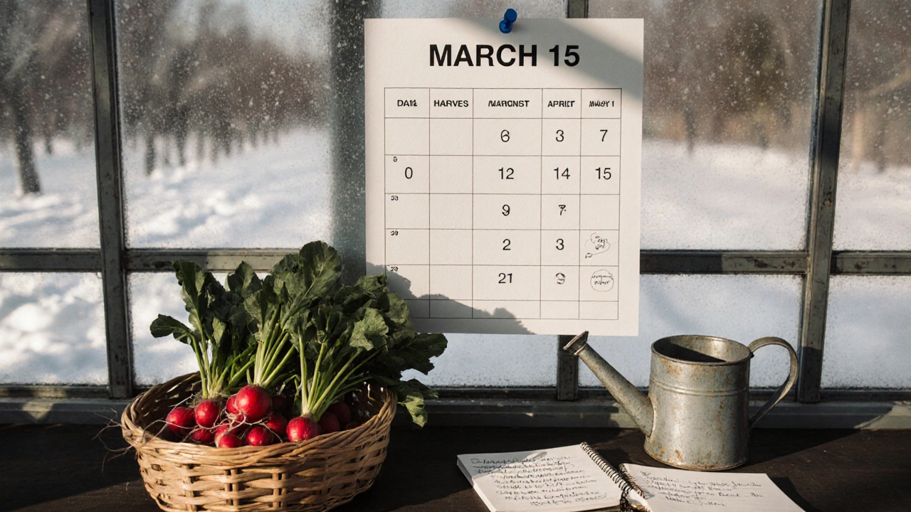 Календарь в теплице с датами посева и сбора редиса.