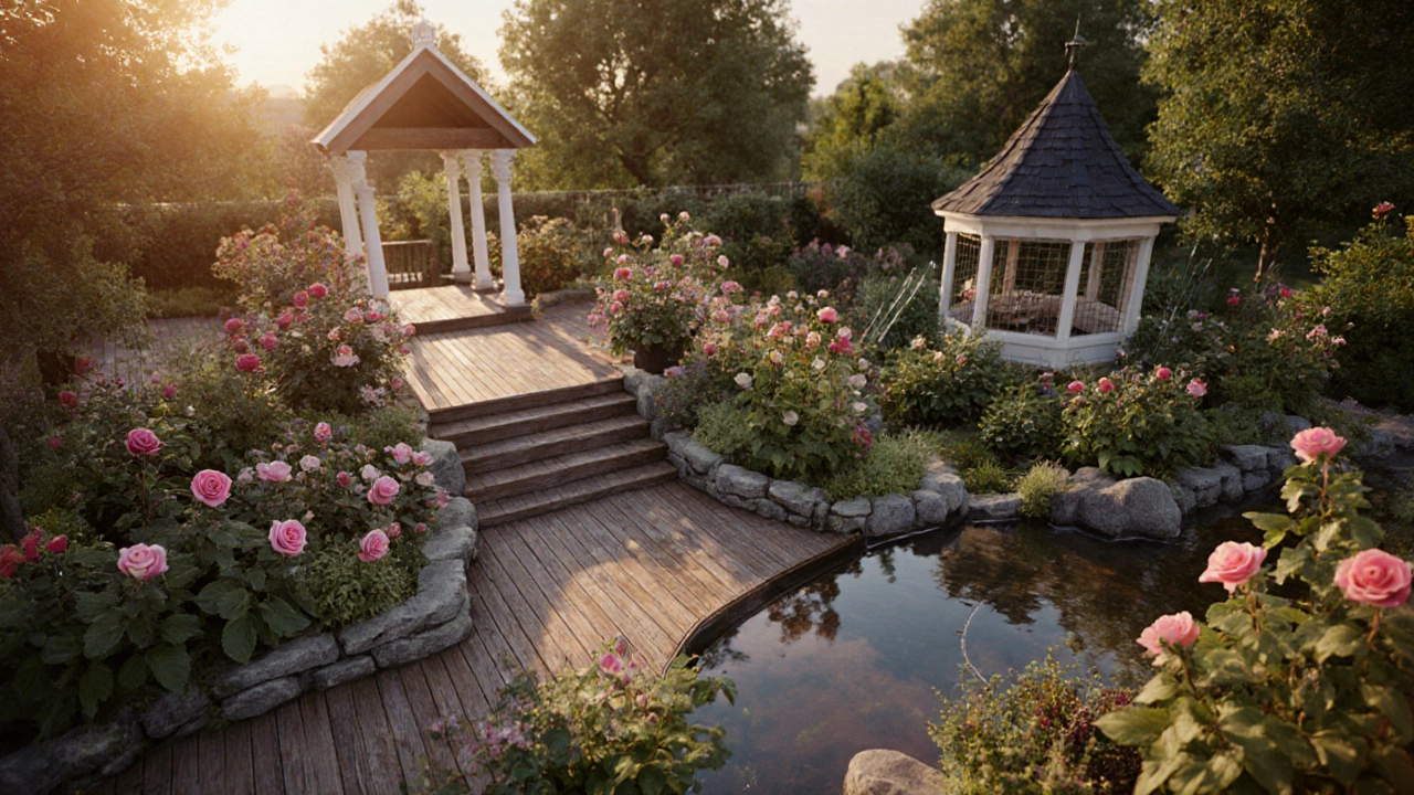 Летний сад с террасой, розами и системой полива под золотым светом заката.