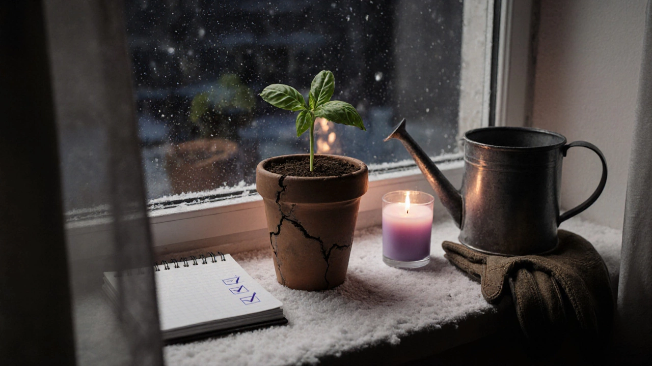 Маленький базилик растёт из треснувшего горшка на снежном подоконнике в зимнем Саратове.
