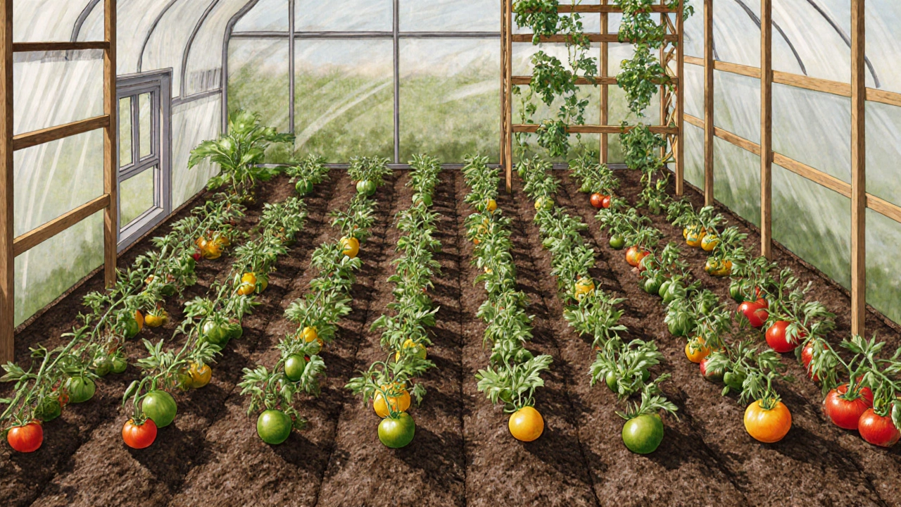 Плотная посадка низкорослых помидоров в шахматном порядке, все кусты низкие, плоды созревают близко к земле.