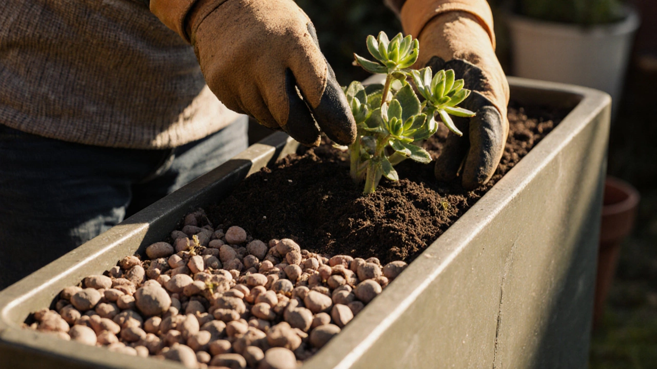 Подготовка длинного горшка: дренаж, почва и удобрение, рука сажает седум.