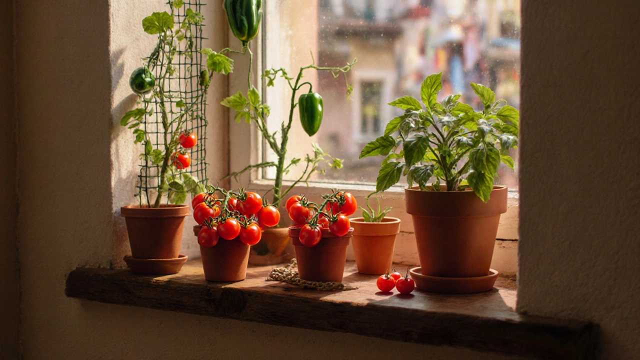 Подоконник с помидорами черри, огурцами и перцем, освещённый солнечным светом.