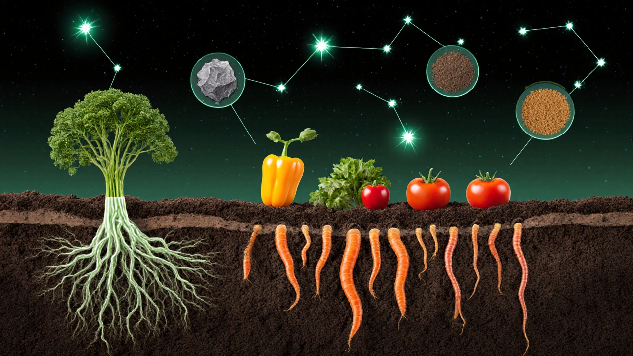 Подземная экосистема почвы: корни, черви и грибницы, из которой растут овощи, вокруг — символы натуральных удобрений.
