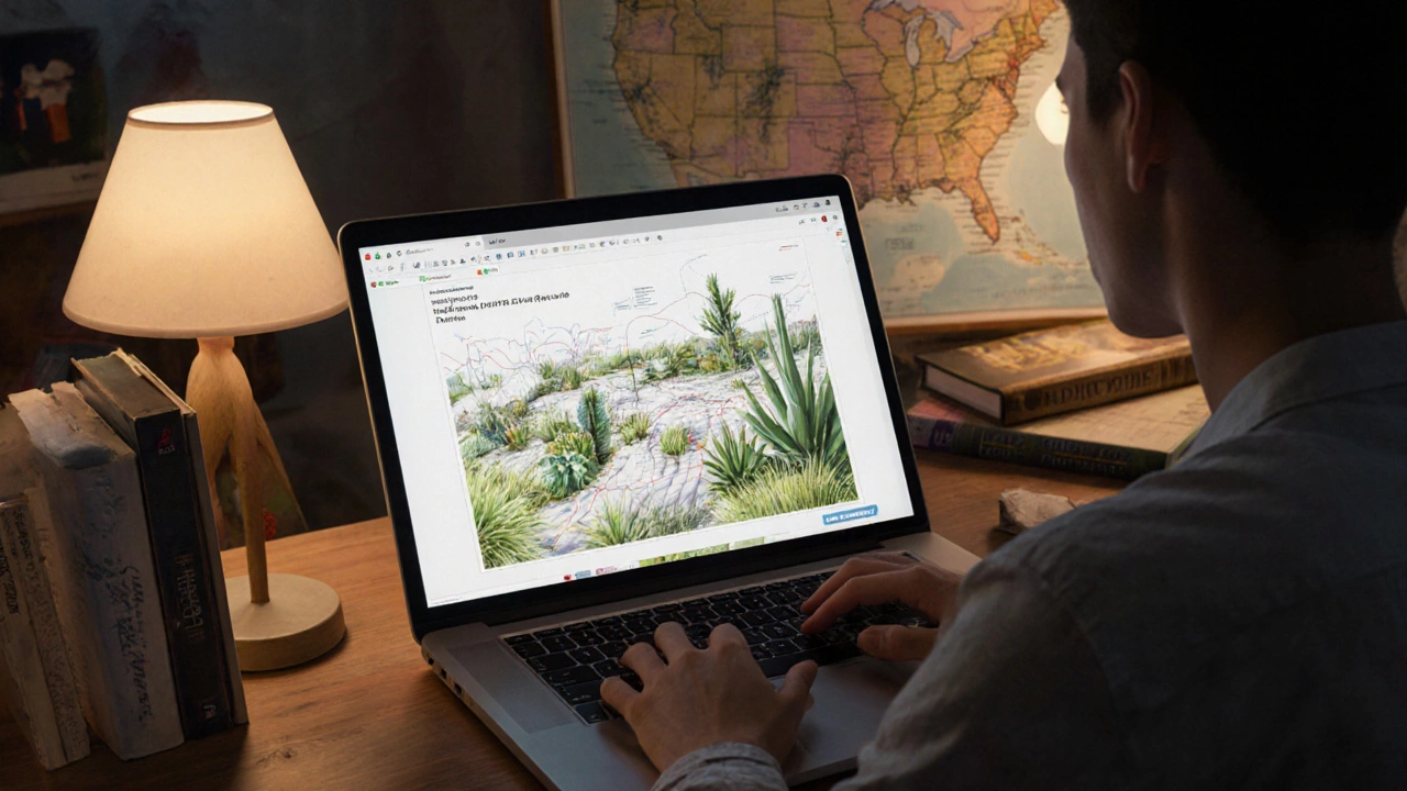 Российский дизайнер работает над проектом для Техаса, на экране — план с пустынными растениями.