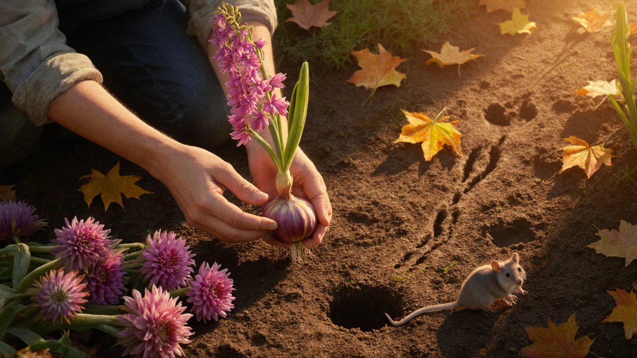 Руки держат луковицу гладиолуса, рядом — пустые ямки от мышей и погибшие георгины.