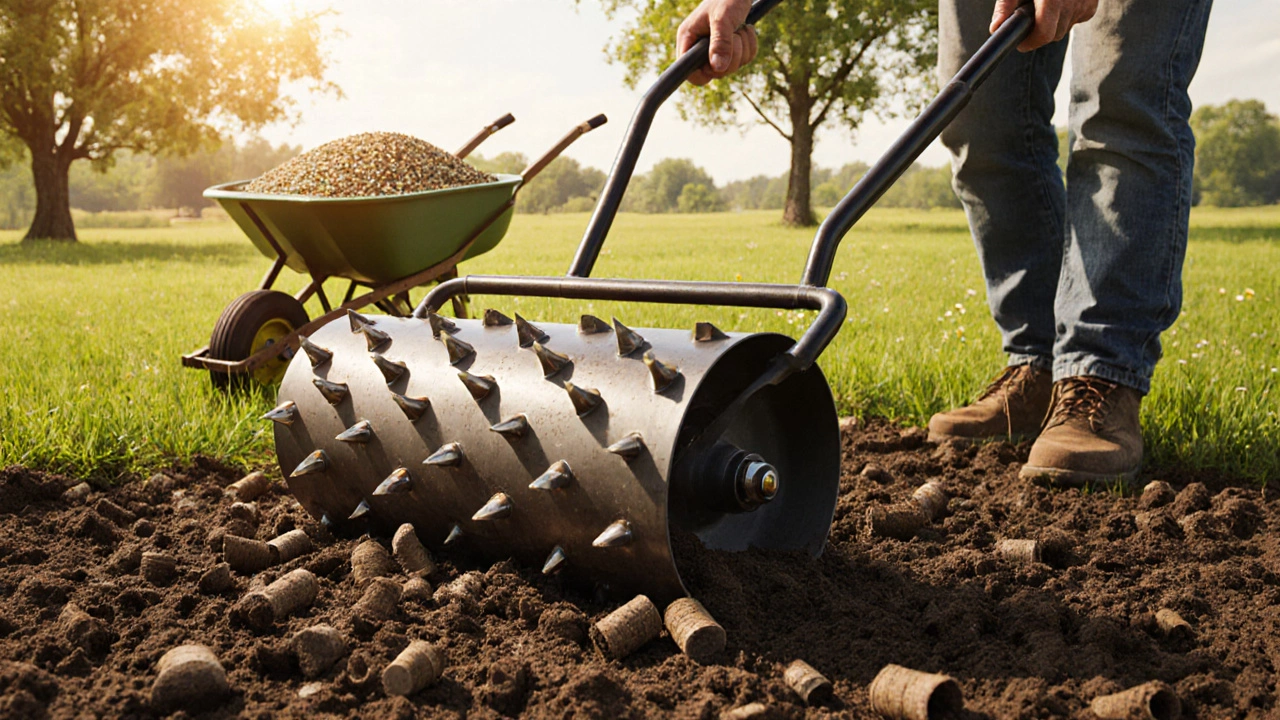 Садовник использует аэрационный валик, из почвы вынимаются маленькие пробки земли, рядом лежит смесь семян.