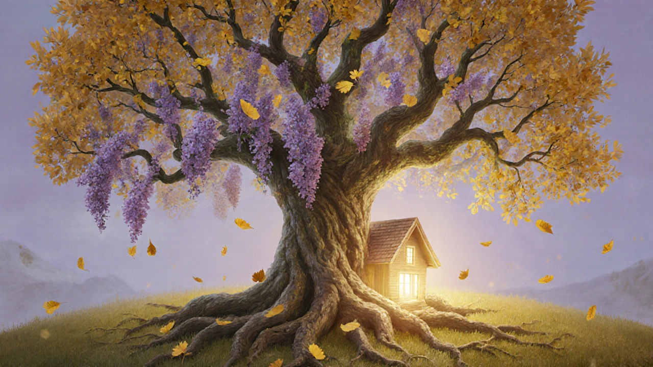 Символическое дерево с яблоней, сиренью и клёном, охраняющее дом.