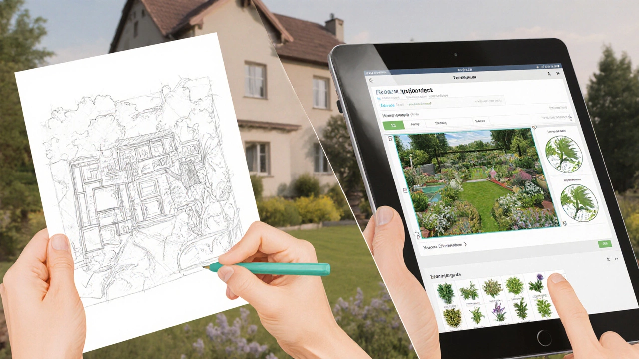 Сравнение ручного рисунка сада и цифрового плана с подсказками по посадке растений.