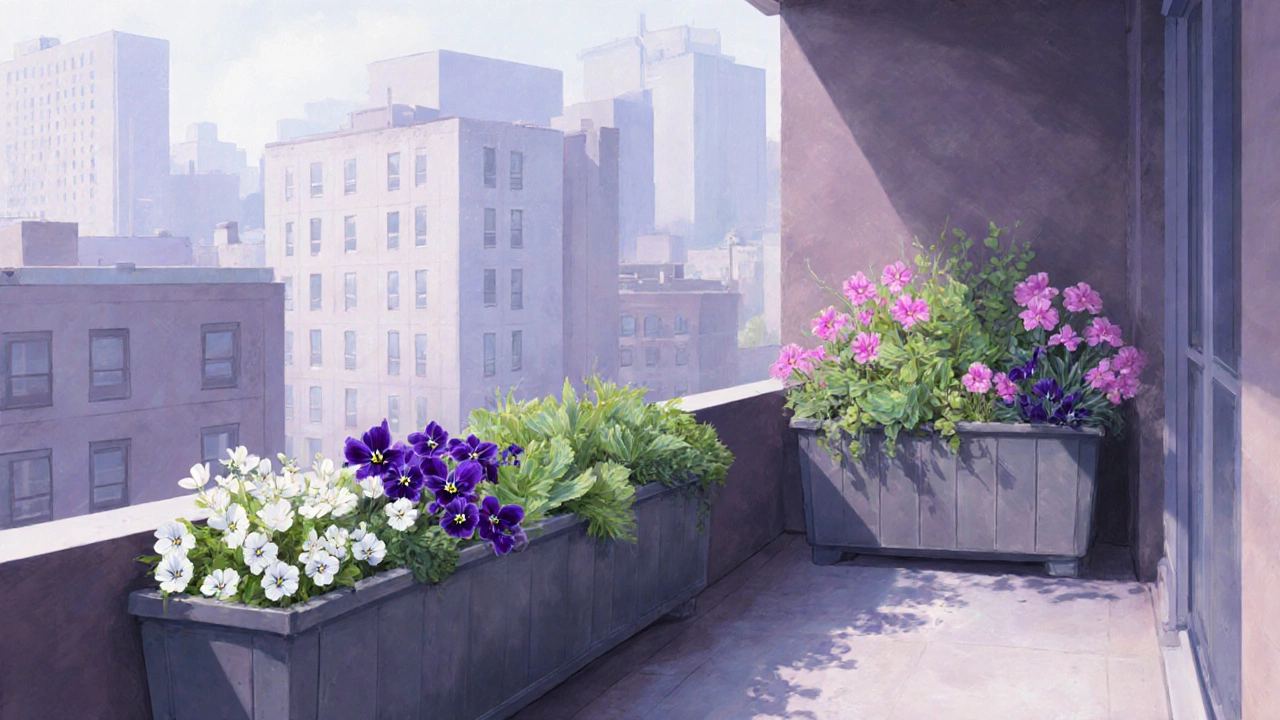 Теневой балкон с бакопой, фиалками и очитком в длинном горшке, мягкий свет и уютная атмосфера.
