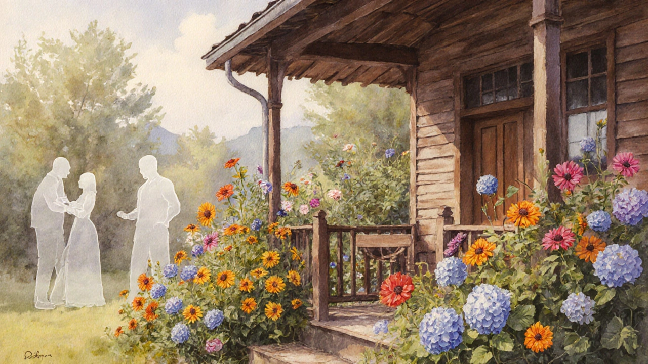 Уютная дача с цветущими астрами, бархатцами и гортензиями, а тусклые силуэты роз и калл исчезают в фоне.