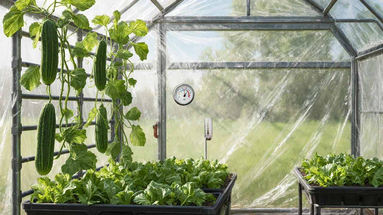 В теплице растут огурцы и листовая зелень на вертикальных опорах.