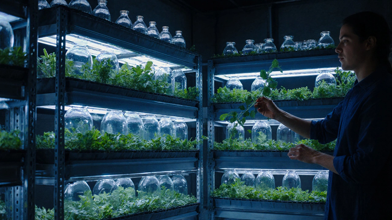 Вертикальная ферма в кладовке с LED-лампами и зеленью в переработанных бутылках.