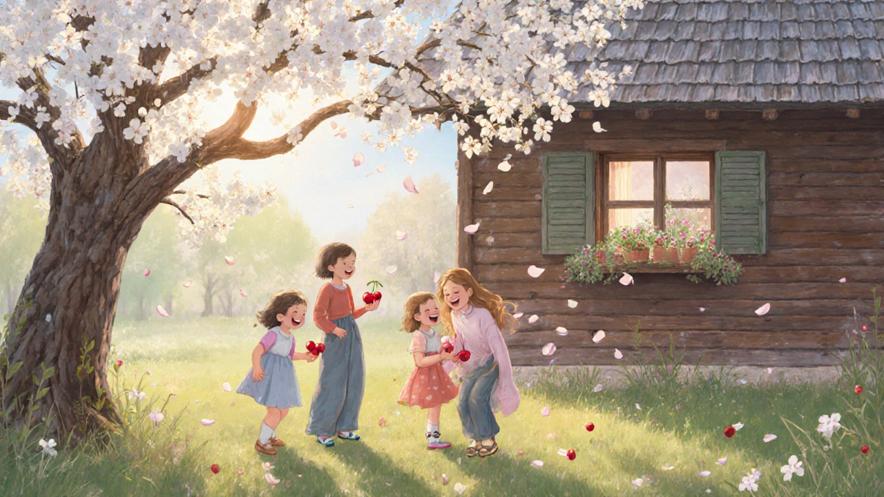 Вишневое дерево цветёт весной, дети играют под его ветвями.