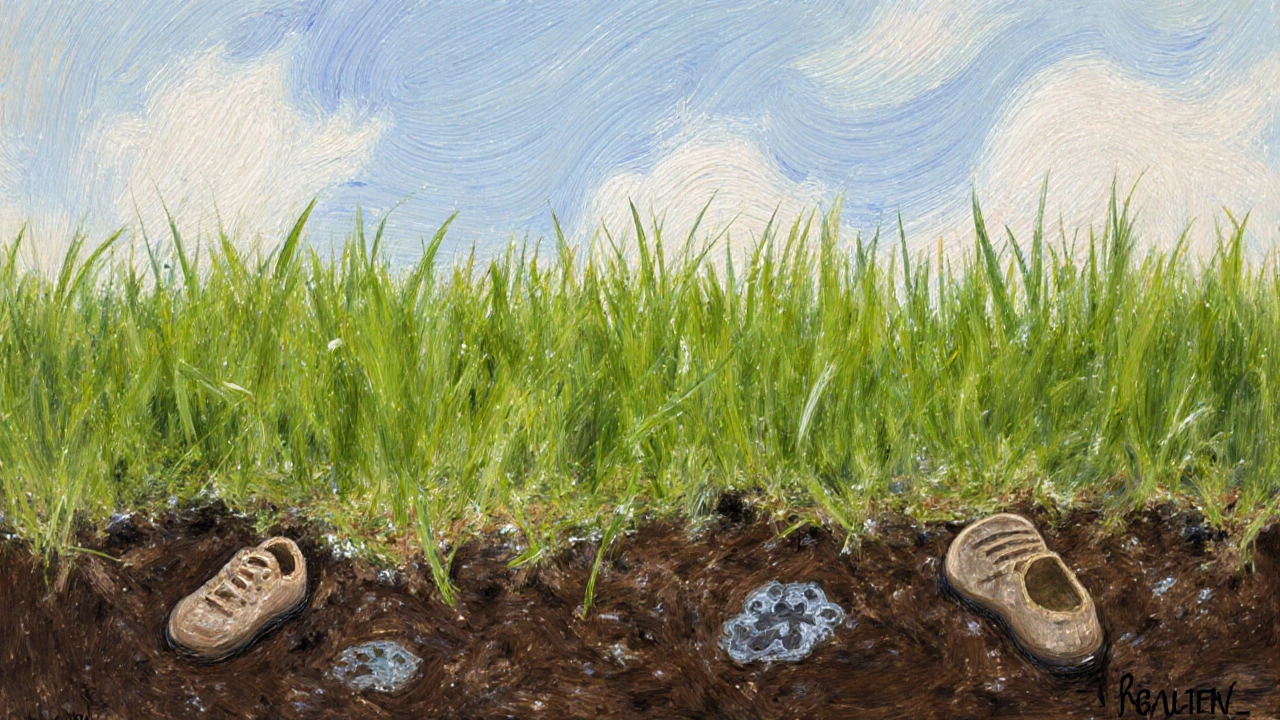 Восстановленный газон зеленой травой высотой 8 см, на траве видны роса и следы ноги и лапы.