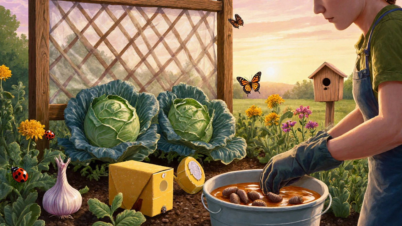Защита огорода: сетка над капустой, ловушки для бабочек и слизней, садовник собирает слизней, рядом растут бархатцы и чеснок.