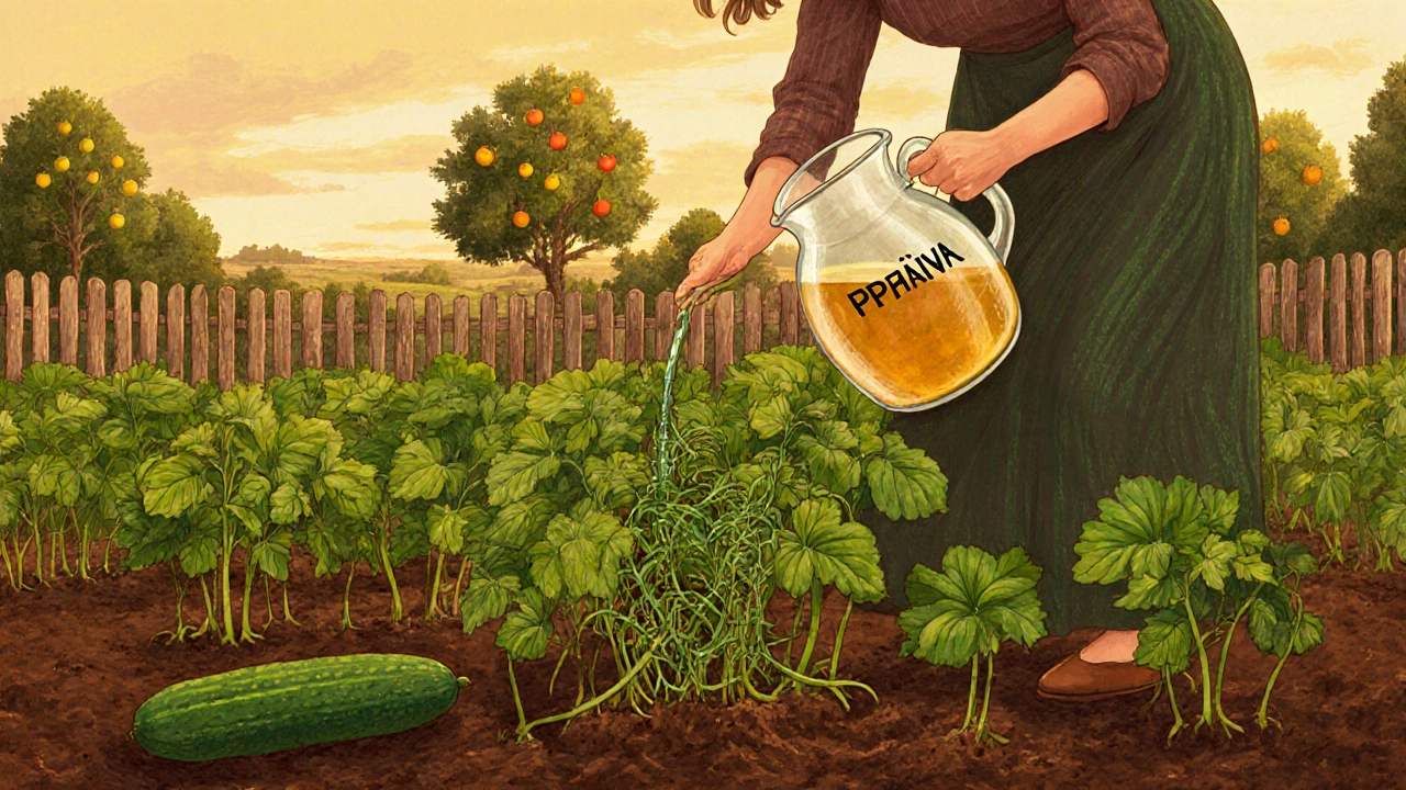 Женщина поливает огурцы настоем крапивы, рядом — кувшин с надписью &#039;Крапива&#039;, сад в золотистом свете заката.