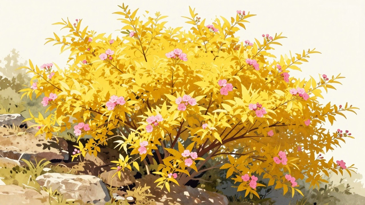 Ярко-золотой куст спиреи японской на каменистом склоне, освещённый солнцем.