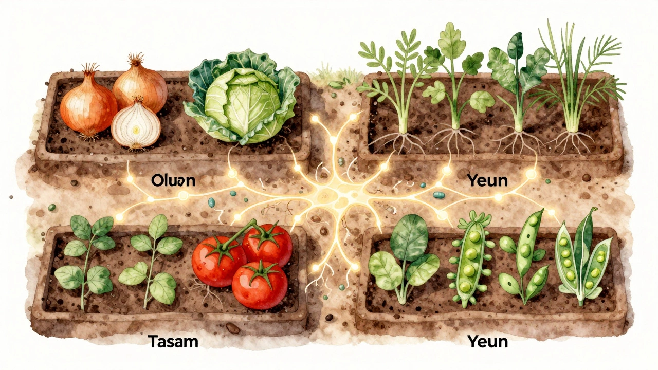 Цикл севооборота: лук, капуста, помидоры и бобовые в четырёх грядках с подземной сетью корней.