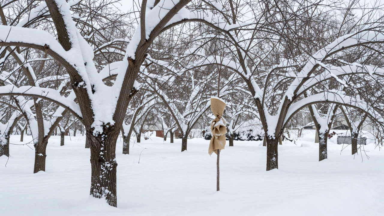 Деревья в саду покрыты снегом, который защищает корни от мороза.