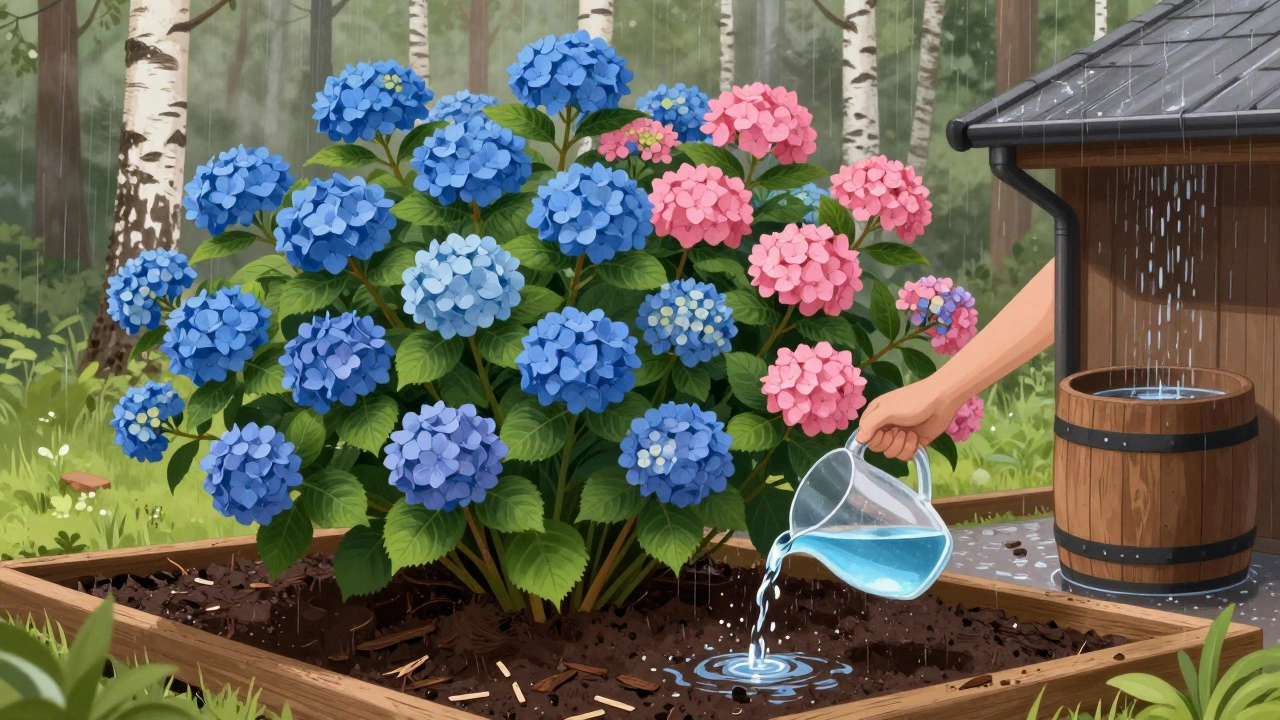 Гортензия с синими и розовыми цветами на одном кусте, поливается кислой водой из кувшина, рядом бочка для дождевой воды.