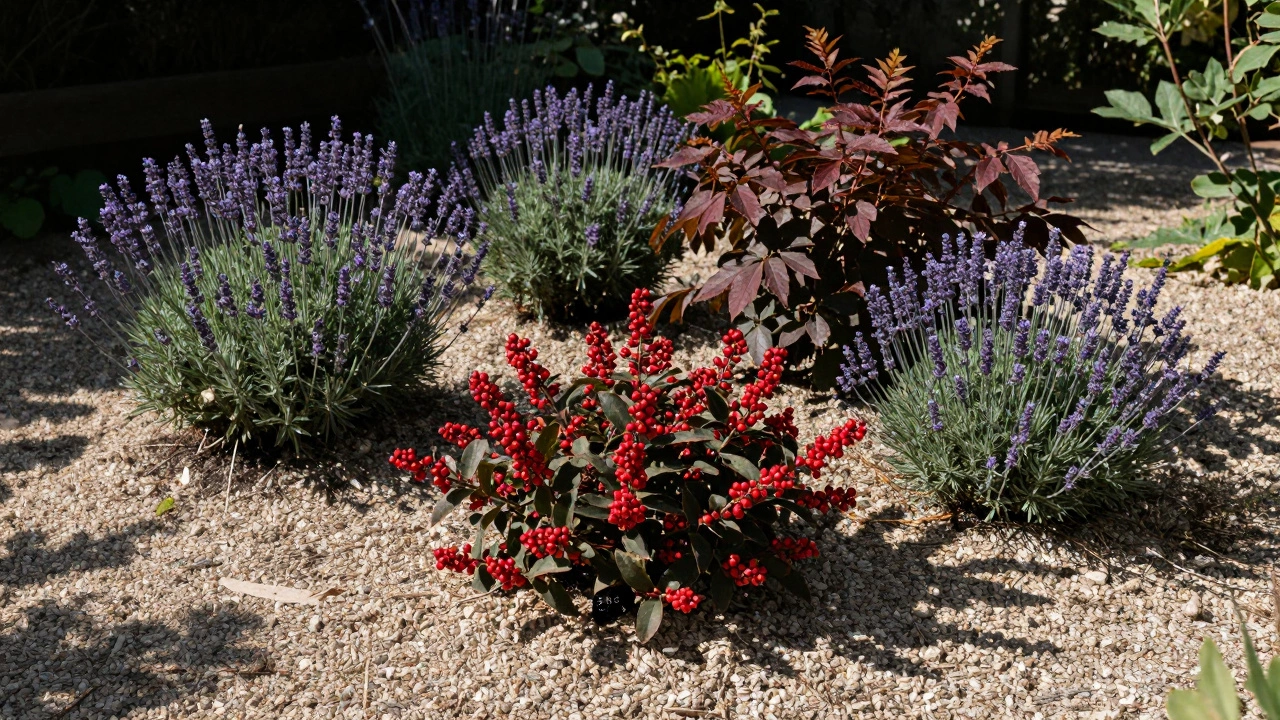 Кластер солнцелюбивых кустарников: барбарис, лаванда и калина на гравийной мульче.