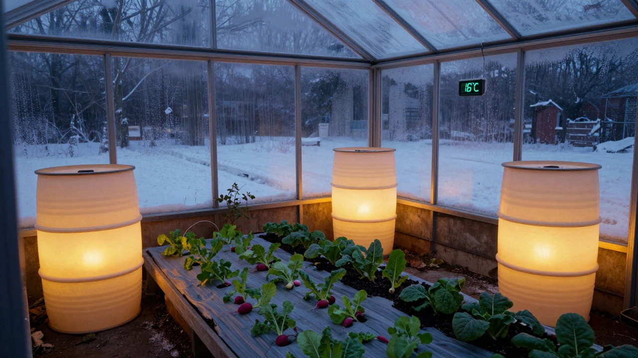 Ночная теплица с водяными бочками и зеленью под утепляющим полотном, на фоне снега за стеклом.