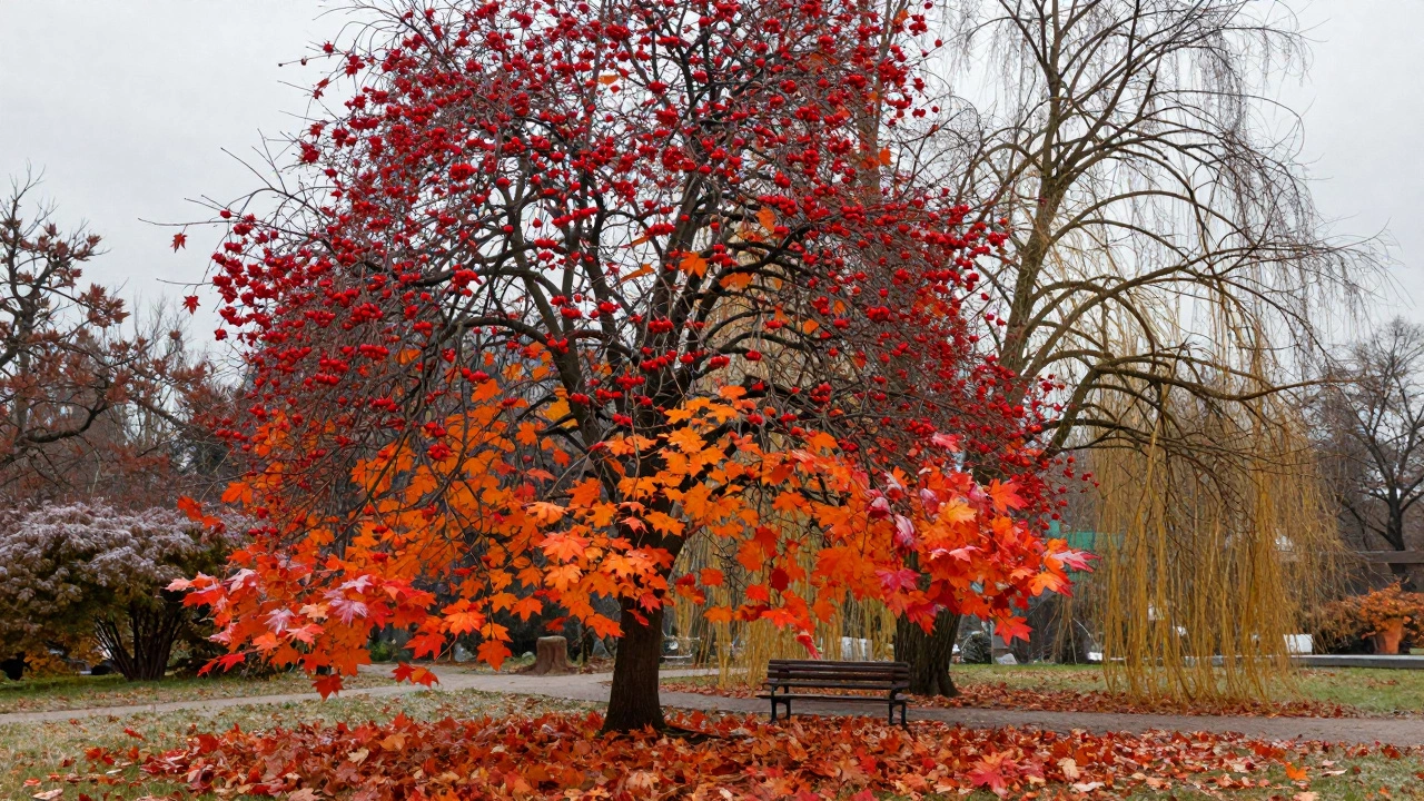 Осень в саду Саратова: клён с оранжево-красными листьями и рябина с красными ягодами под зимним небом.