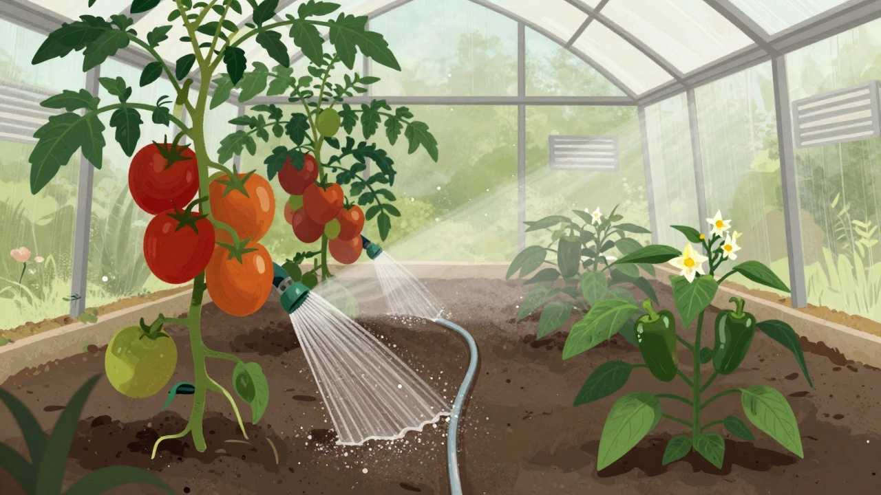 Раздельный полив томатов и перца в теплице: томаты под корень, перец — утром, капельная система.