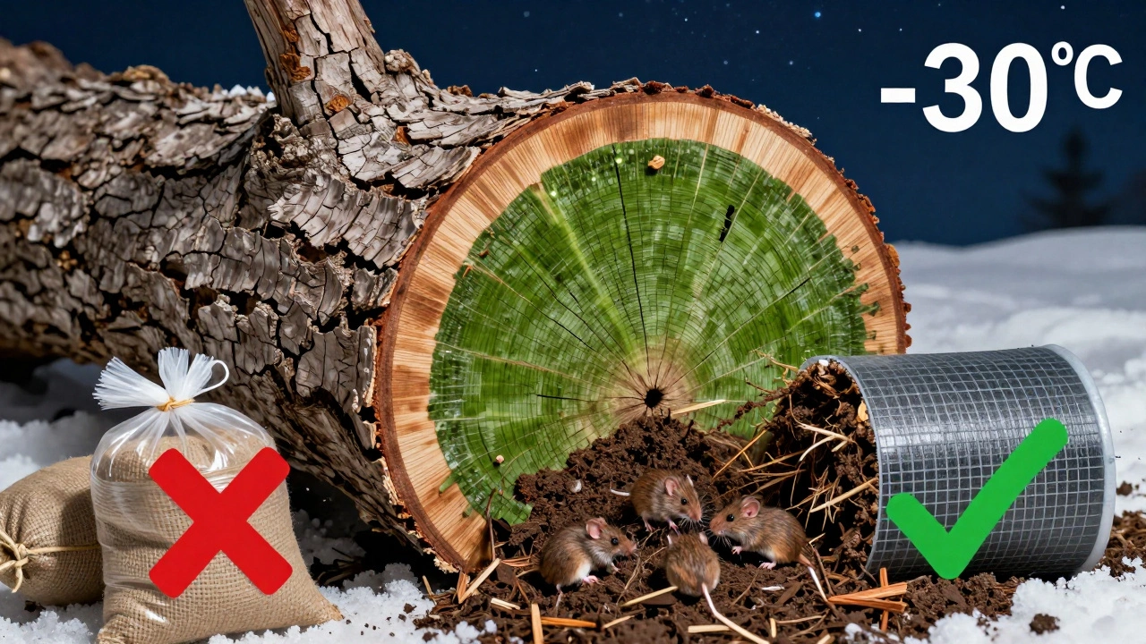 Разрез дерева, показывающий повреждения от солнечных ожогов и правильную защиту агроволокном и металлической сеткой.