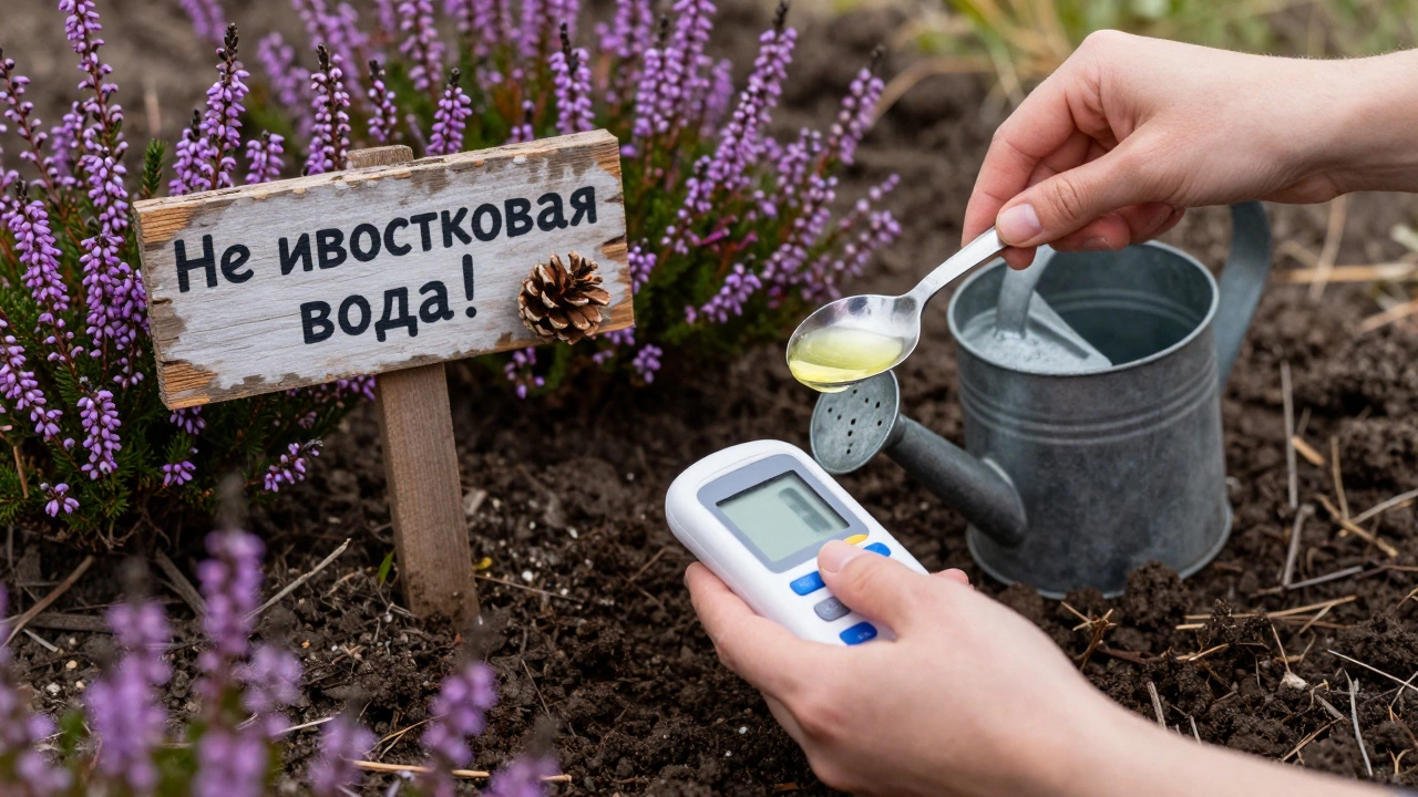 Руки проверяют кислотность почвы, добавляют лимонный сок в воду для полива, на заднем плане вереск и тёмная кислая земля.