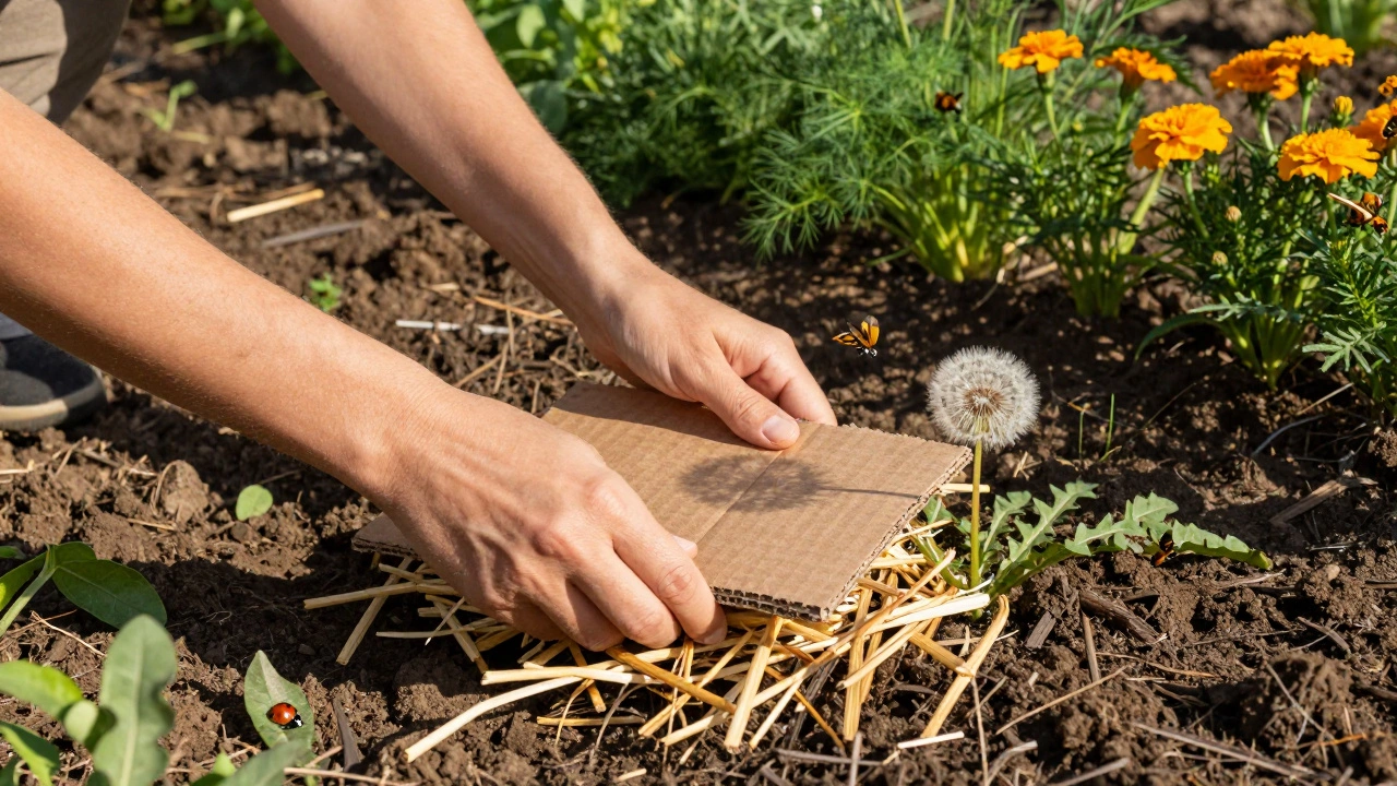 Руки укладывают мульчу из картона и соломы, рядом — божья коровка и цветущий одуванчик.