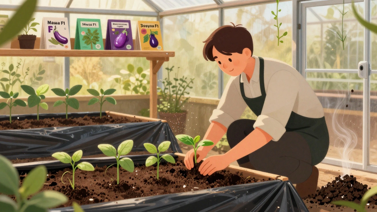 Садовник пересаживает баклажаны в теплице с пакетами семян и чёрной плёнкой на грядках.