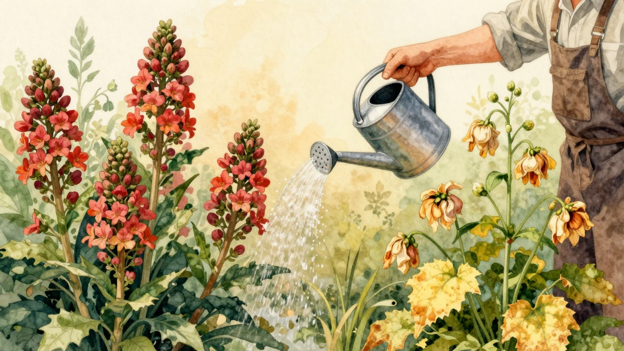 Садовник поливает цветы удобрением, контраст здоровых и больных растений