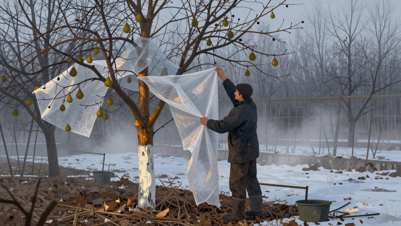 Садовник снимает зимнее укрытие с грушевого дерева утром, видна побелка ствола и слой мульчи из листвы.