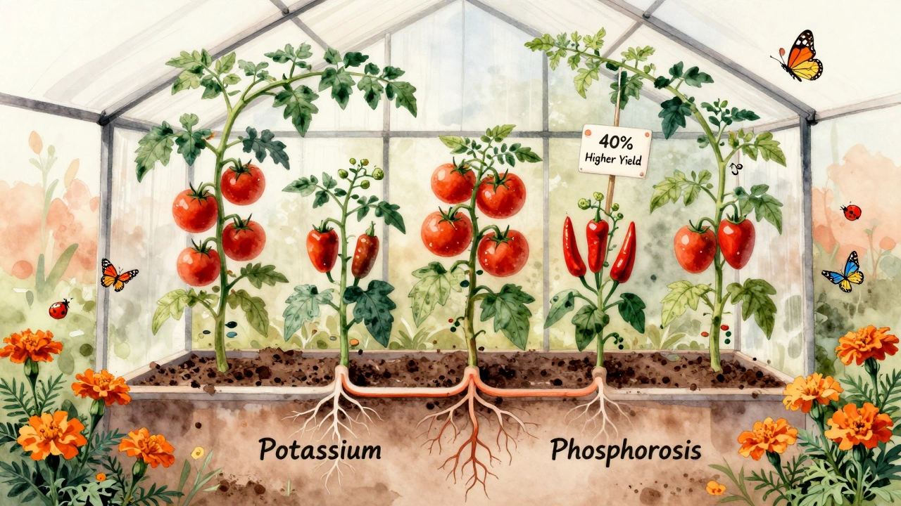 Символическое изображение совместного выращивания томатов и перца с удобрениями и полезными насекомыми.
